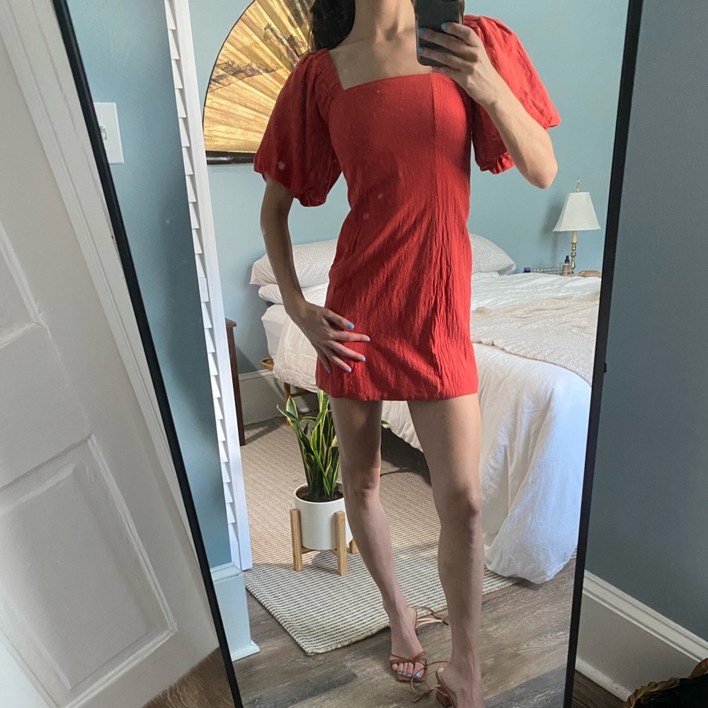 Red puff sleeve linen mini dress